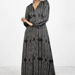 LVT1 Runes Balloon Sleeve Maxi Dress Women