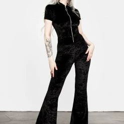 AMP1 Foxy Zip Up Velour Flared Jumpsuit