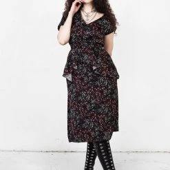 MET1 ROSETEARS FRILL PEPLUM MIDI DRESS